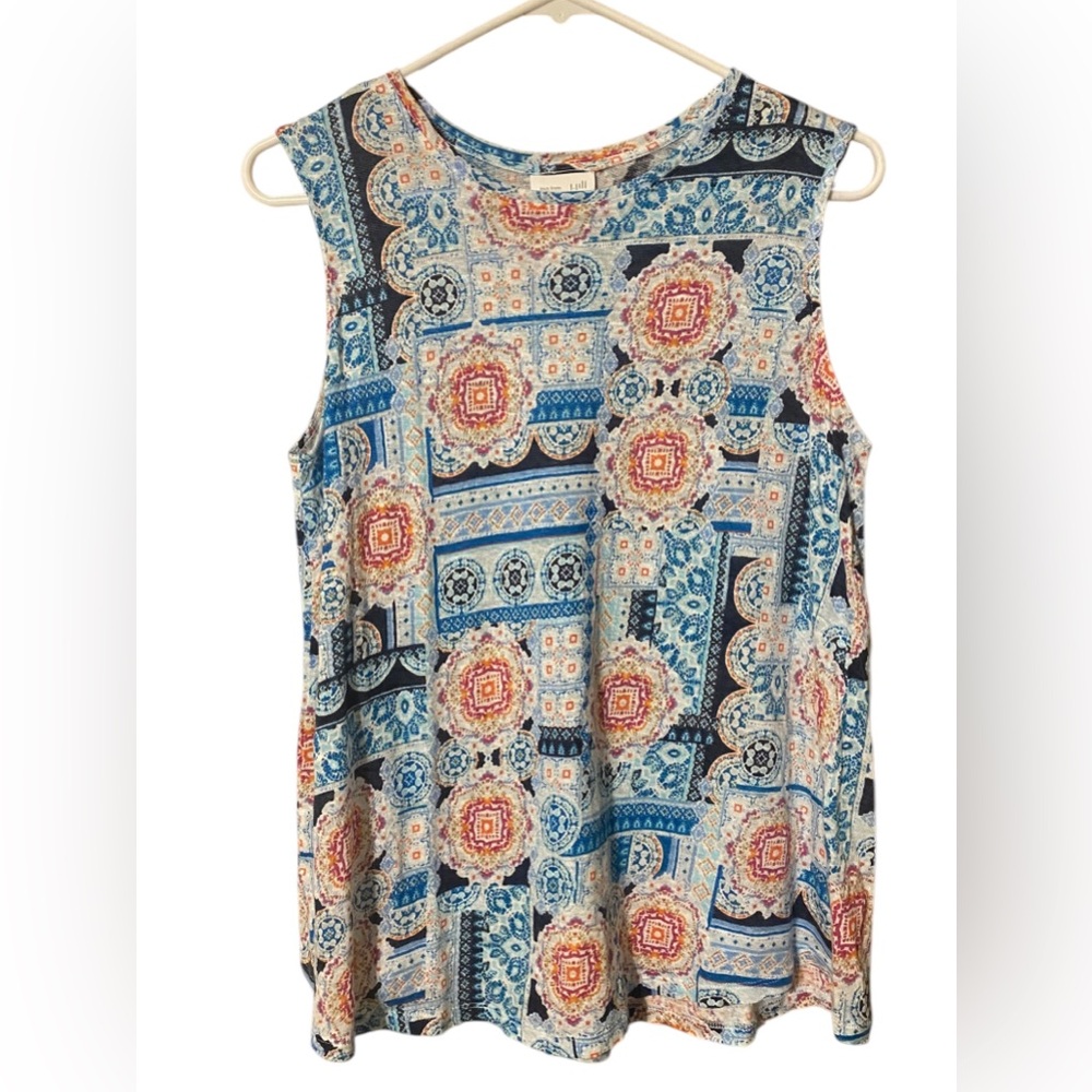 J Jill Love Linen Top Small 100% Linen Mandala Patchwork Boho Coastal Lagenlook
